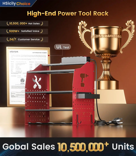 Power Tool Wall Mount Organizer With Charging Station, Heavy Duty 5-Layer Metal Garage Tool Rack, red, on display with certificate and trophy.