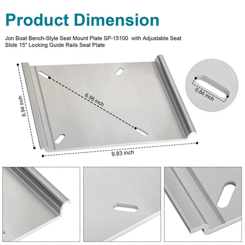 Dimensions of Jon Boat Seat Mount Plate SP15100 For Attwood Swivl Eze Accessories with guide rails, aluminum material.