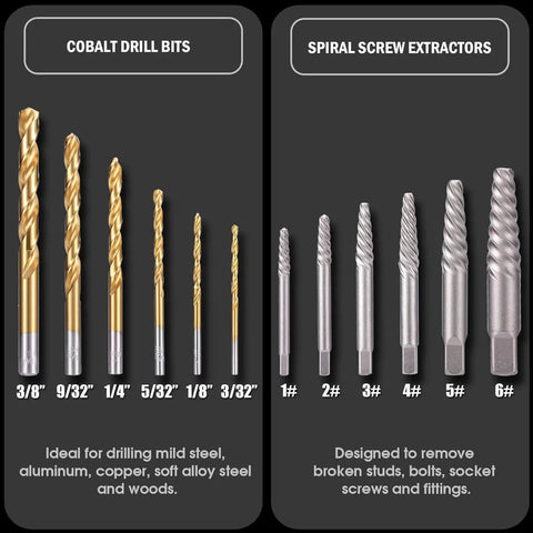 Heavy Duty Bolt Extractor And Screw Extractor Kit With Cobalt Drill Bits In Case 26 Piece Set showing drill bits and screw extractors
