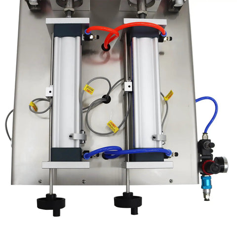 Dual Head Piston Filling Machine For Viscous Sauces And Creamy Lotions With Heated Hopper No Sweat Operation showing two piston cylinders.