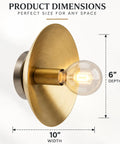NautiGlow Modern Brass Brushed Wall Sconce with Round Backplate, Exposed Globe Light Fixture dimensions showing 10" width and 6" depth.