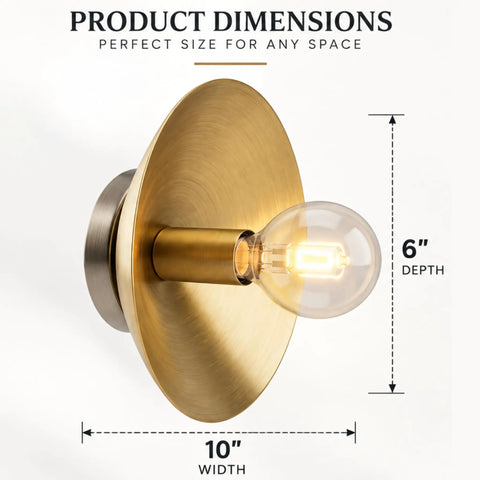 NautiGlow Modern Brass Brushed Wall Sconce with Round Backplate, Exposed Globe Light Fixture dimensions showing 10" width and 6" depth.