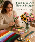 Woman crafting with DIY Pipe Cleaner Flower Kit For Adults With Step By Step Video Tutorials 600 Piece Chenille Stem Craft Set For Beginners Create Handmade Forever Bouquets With 30 Thick Stems Stamens Tapes And Glue Sticks.