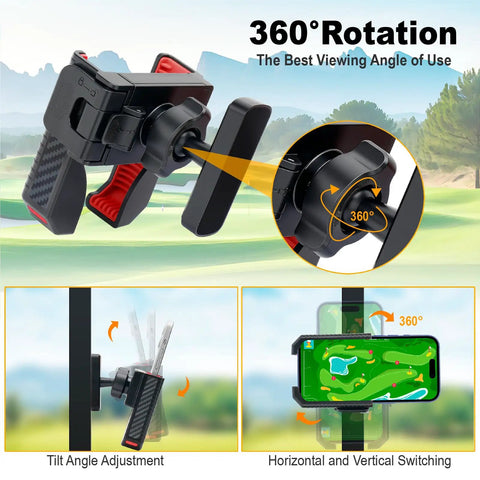 Magnetic Golf Cart Phone Holder With 8 N52 Strong Magnetic Base Universal Fit For EZGO Club Car Yamaha Golf Carts Secure Grip For iPhone Samsung And Other Smartphones Red Accessory For Men And Women showing 360-degree rotation and tilt adjustment features.