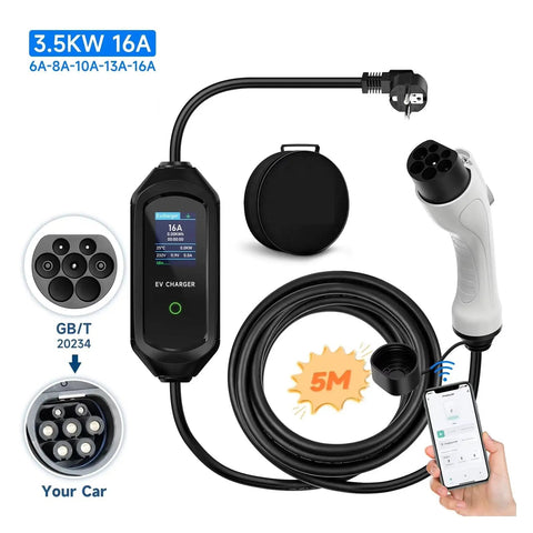 No Sweat Portable 3.5 Kw Ev Charger 16A Fast Charging Cable, 5m cable with smart display and plug for home and travel use.