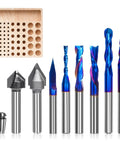 Eight Piece CNC Router Bit Set With One Quarter Inch Shank Carbide End Mills For Woodworking And Engraving V Groove Trimming Slotting Mortise Resin Lettering Sign Making Includes ER11 Collet And Storage Rack front view