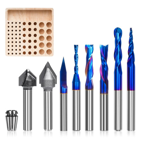 Eight Piece CNC Router Bit Set With One Quarter Inch Shank Carbide End Mills For Woodworking And Engraving V Groove Trimming Slotting Mortise Resin Lettering Sign Making Includes ER11 Collet And Storage Rack front view