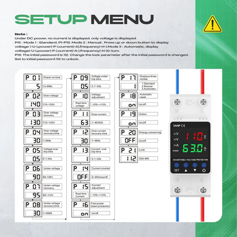 Adjustable Voltage Protector Built Tough With 110V And 1 To 63A Smart Circuit Breaker Overcurrent Protection Low Voltage Cutoff 80 To 110V High Voltage Cutoff 130 To 150V DIN Rail AC Disconnect, front view with setup menu