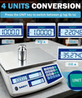 Counting Scale For Inventory And Small Parts With 30kg Capacity And 0.1g Precision, Digital Scale With Battery, Quick Unit Conversions Between G, Kg, Oz, Lb, Triple Display Showing Weight, Unit Weight, And Quantity, Great For Coins, Tickets, Pieces showing unit conversion display and key