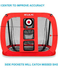 Red indoor and outdoor Pop Up Golf Chipping Net with multiple targets and pockets for swing training