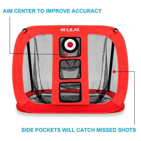 Red indoor and outdoor Pop Up Golf Chipping Net with multiple targets and pockets for swing training