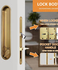 Pocket Door Lock Hardware Set With Privacy Handle, Hidden Pull And Recessed Latch, Easy Install For 1.77 To 2 Inch Thick Wooden Doors, Circular Gold Finish