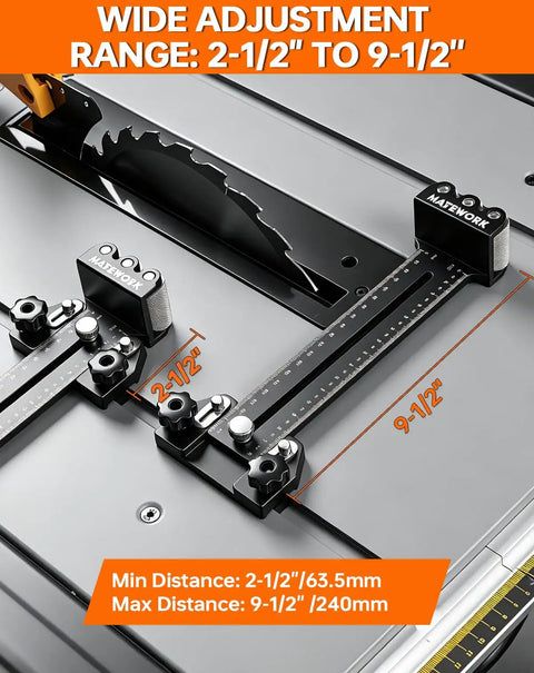 Pro Shop Grade Thin Rip Jig For Table Saw featuring wide adjustment range from 2-1/2" to 9-1/2" with aluminum guides.