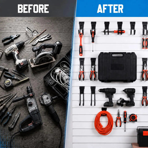 Before and after using Bulk 12 Pack Heavy Duty Slat Wall Hooks Black J Shape Hangers for slatwall display and storage organization.