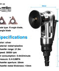 Handheld Pneumatic Chamfering Tool For Metal with R and C angle blades, silver metal body, showing specifications.