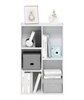 5-Cube Bookshelf Organizer With Reversible Design And Easy Assembly displaying books, decor, and storage bins, white MDF.
