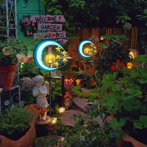 Stars Moon Solar Lights Outdoor Garden Decor Crackle Glass Globe Led Waterproof Landscape Lighting for garden pathway
