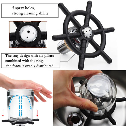 Automatic Pitcher Rinser And Glass Cup Washer In 304 Stainless Steel, black finish, showing spray holes and clean process