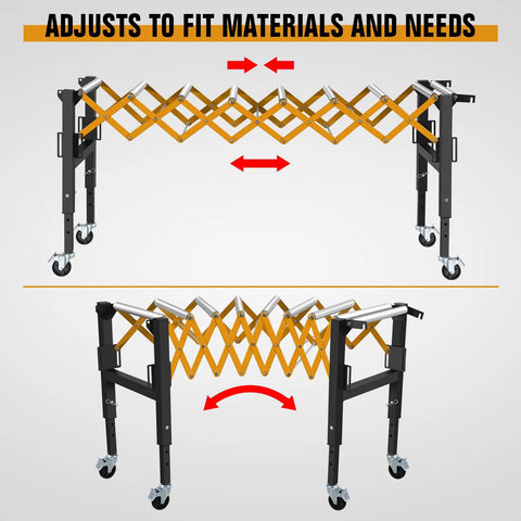 Heavy Duty Conveyor Roller Stand With 300 Lbs Load Capacity, showing adjustable height with scissor mechanism and locking casters.