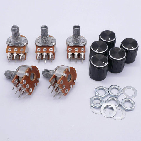 Five Pack 10K Ohm Rotary Potentiometers With Split Shaft And Knurled 6mm Shaft Linear Type B Dual Taper Audio Potentiometer 6 Pins
