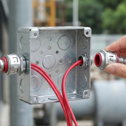Heavy Duty 3/8 Inch MC Cable Connectors For 14 12 And 10 Gauge Wire connected to metal conduit box with red wires.