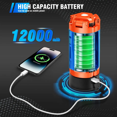 Rugged 12000mAh Camping Light With Stand Crazy Bright 10000 Lumen Dimmable Cordless Work Light charging a phone