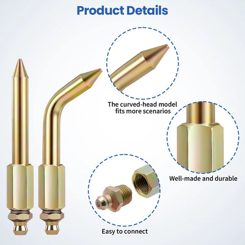 7-piece brass grease gun needle tip kit with curved and straight tips, adapters and connectors for tight spaces