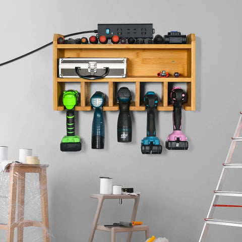 Drill Charging Station and Wall Mounted Tool Organizer For Power Tools with chargers and screws stored in wooden garage workshop organizer.