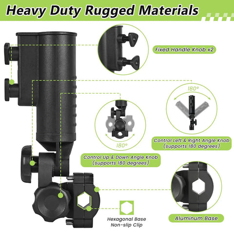 Heavy Duty Golf Push Cart Umbrella Holder 180 Degree Adjustable Clamp design featuring fixed knobs and aluminum base
