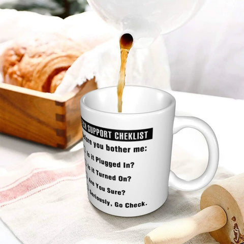 Funny Tech Support Checklist Coffee Mug for Help Desk Heroes, Perfect Gift for IT Professionals, 11oz ceramic cup pouring coffee