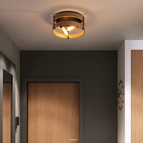 Two Light Modern Farmhouse Flush Mount Ceiling Light With Metal And Wood Round Drum Rustic Ceiling Fixture For Hallway Bedroom Kitchen Or Entryway Light Yellow Wood And Black Accents Easy Install And Durable Design in hallway view