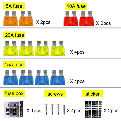 Assorted fuses, screws, and stickers with 6-circuit Waterproof 12V Fuse Panel With LED Warning Indicators, 1 unit fuse box included.