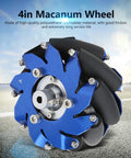 Front view of blue aluminum 4-inch Mecanum wheel with TPU rubber rollers for robotics