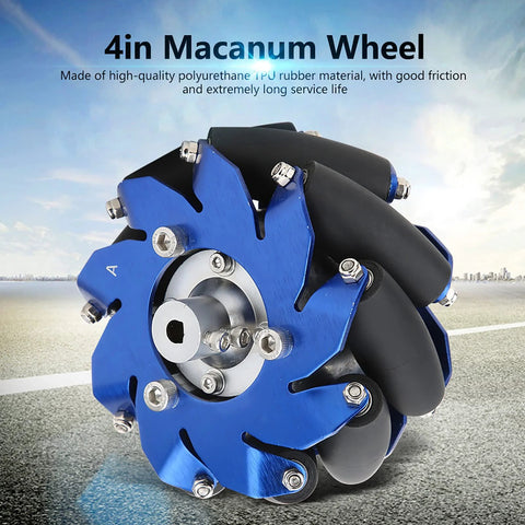 Front view of blue aluminum 4-inch Mecanum wheel with TPU rubber rollers for robotics