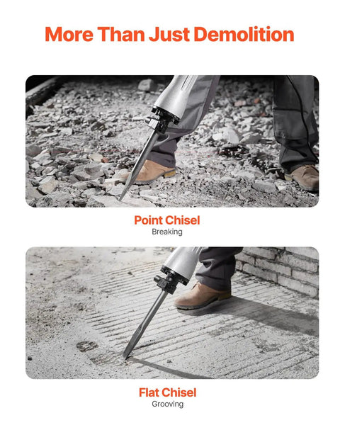 Beefy Heavy Duty Demolition Jack Hammer 2200W Electric Concrete Breaker with chisels in use on rubble and concrete.