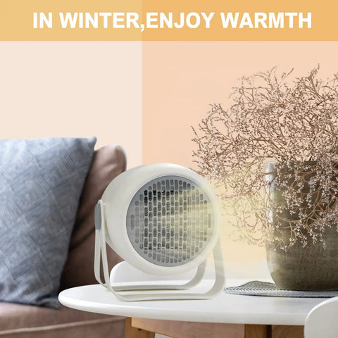 Compact Ceramic Heater With Fast 1000W Heating And Fan Modes, Mini Personal Space Heater on table in cozy indoor setting