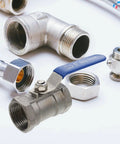 Premium Stainless Steel Ball Valve With Internal Thread Manual Shutoff For Residential Plumbing Leak Free Male Threaded Pipe Connector shown with other plumbing fittings.