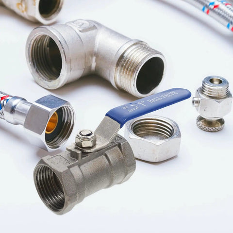 Premium Stainless Steel Ball Valve With Internal Thread Manual Shutoff For Residential Plumbing Leak Free Male Threaded Pipe Connector shown with other plumbing fittings.