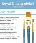 Royal & Langnickel value pack with Gold Taklon brushes, ideal for watercolor and acrylic paints, featuring durable wood handles.