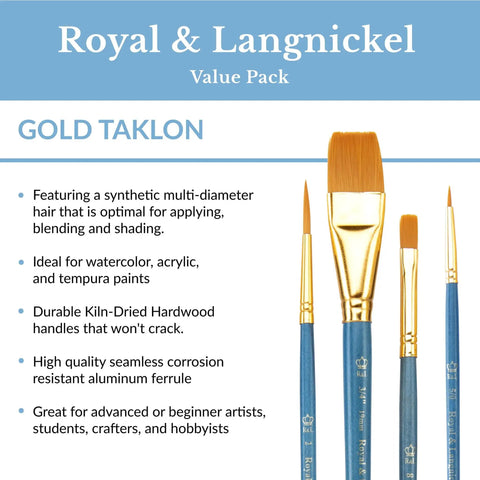 Royal & Langnickel value pack with Gold Taklon brushes, ideal for watercolor and acrylic paints, featuring durable wood handles.