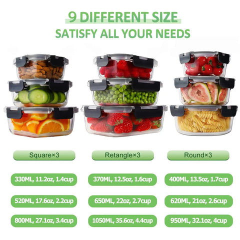9 containers of 18 Piece Glass Food Storage Set With Lids For Meal Prep, Airtight And Leak Proof Containers, filled with food