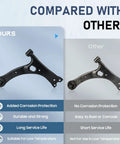 Toyota Corolla Front Lower Control Arm Kit With Ball Joint For 2003 2004 2005 2006 2007 2008 10pc Set Includes Front Ball Joints Sway Bar Links Inner And Outer Tie Rods For Smooth Steering And Reliable Suspension comparison showing coated black control arm and rusted version