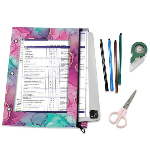 Colorful zippered coupon binder case for school and office use with pink purple teal accent, laid with stationery items.