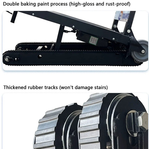 Heavy Duty Electric Stair Climbing Hand Truck Dolly For Moving Furniture Effortlessly Haul Heavy Load Up And Down Stairs With Lithium Battery Power showing rubber tracks and motor detail.