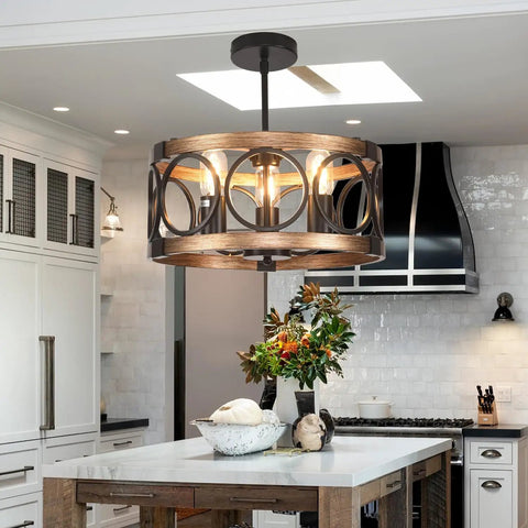 Six Light Dining Room Chandelier Over Table With Adjustable Height, Dope Black Farmhouse Drum Pendant Light For Living Room Or Bedroom