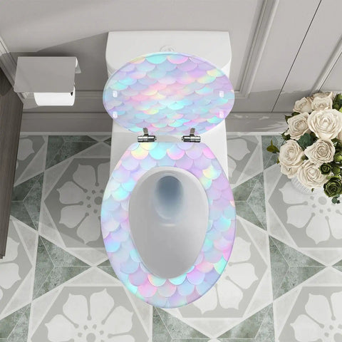 Elongated Resin Toilet Seat for Bathroom with colorful iridescent shell design, fitting most standard toilets.