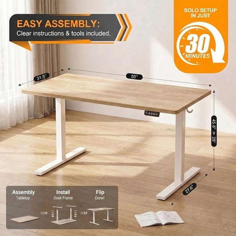 Wide 55x32 Inch Electric Standing Desk With Height Adjustment, 2 Memory Presets, 31.5 Inch Deep Work Surface, Oak Finish, easy assembly