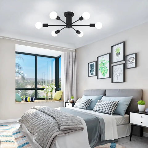 Dope Black Modern Sputnik Ceiling Light Fixture 6 Light Chandelier, Semi Flush Mount in bedroom, with E26 sockets.