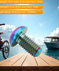 Dope Anodized M5x12 Titanium Bolts 10 Pack Ultra Lightweight Rustproof Motorcycle Bike Car Upgrade Hardware High Strength Fasteners For Custom Rides And Street Mods on wooden surface with bicycle and boat background.