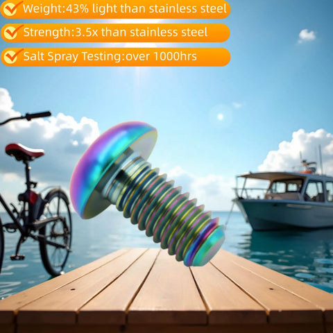 Dope Anodized M5x12 Titanium Bolts 10 Pack Ultra Lightweight Rustproof Motorcycle Bike Car Upgrade Hardware High Strength Fasteners For Custom Rides And Street Mods on wooden surface with bicycle and boat background.